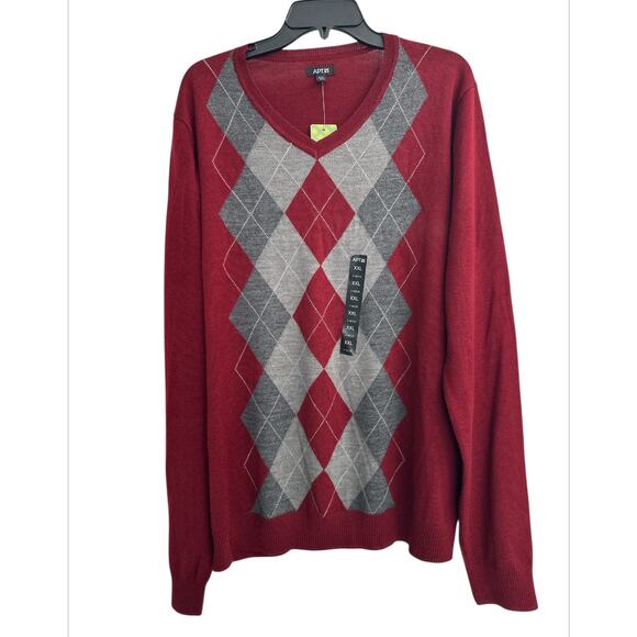 Apt.9 Dogwood Red Argyle Sweater Merino Wool Blend Men's Sz XXL Preppy Academia - Picture 1 of 8